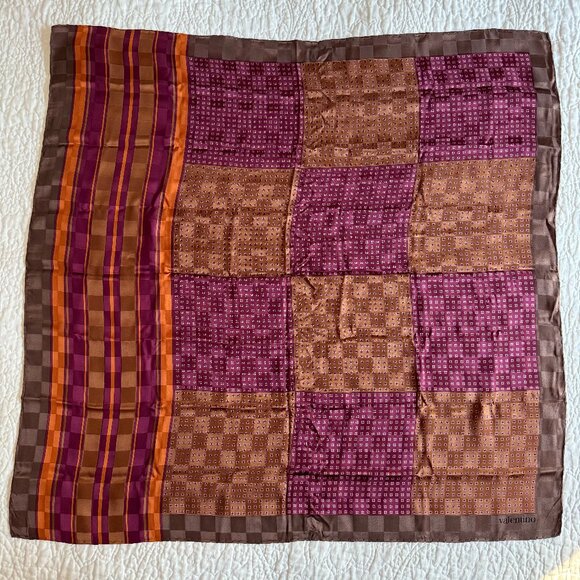 Valentino Silk Square Scarf Brown Plum Check & Stripe Pattern 33” - Picture 1 of 3